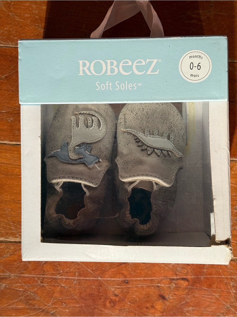 Robeez Gray Baby Moccasins with Dinosaur Appliqués NIB